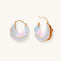 18K gold plated hoop earrings with iridescent enamel coating in blue and pink tones, organic shell-like design