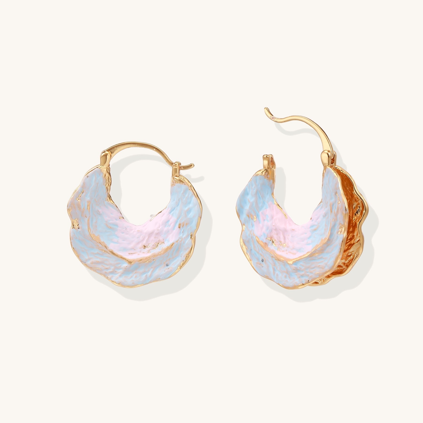 18K gold plated hoop earrings with iridescent enamel coating in blue and pink tones, organic shell-like design