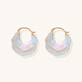 18K gold plated hoop earrings with iridescent enamel coating in blue and pink tones, organic shell-like design
