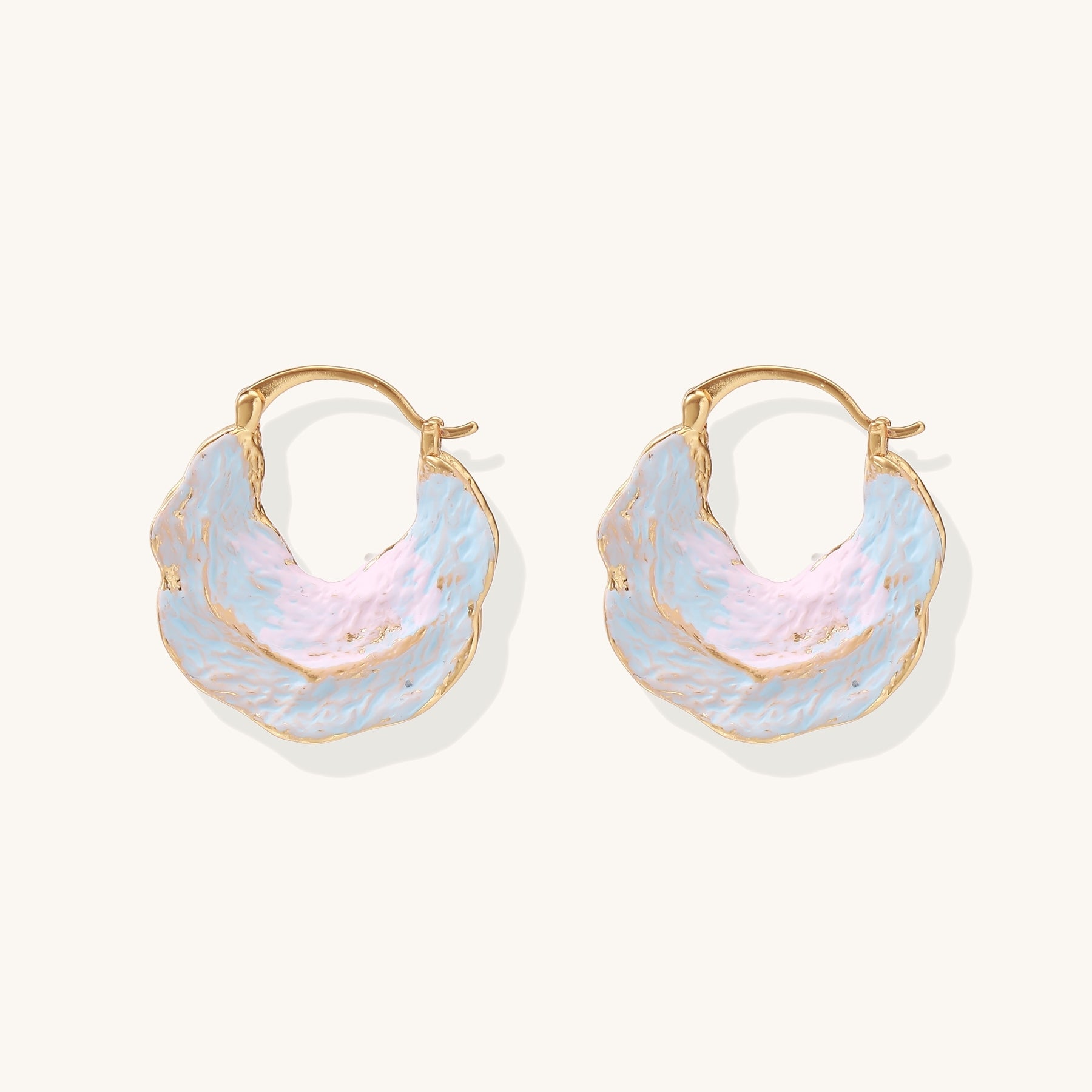 18K gold plated hoop earrings with iridescent enamel coating in blue and pink tones, organic shell-like design