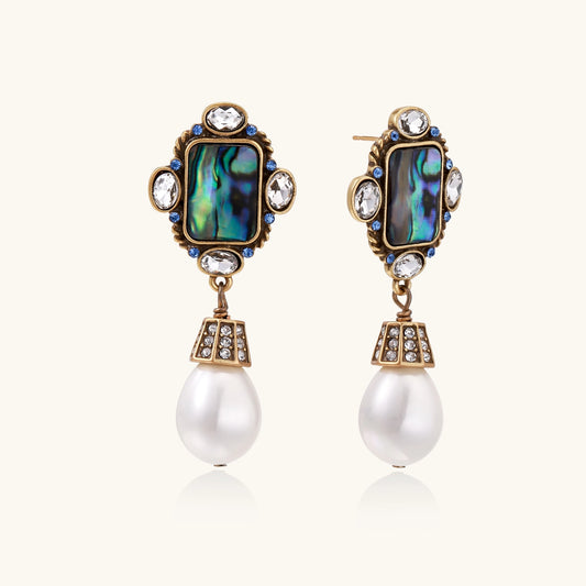 Gold-plated brass drop earrings featuring iridescent abalone shell centers, crystal accents, and white pearl drops.