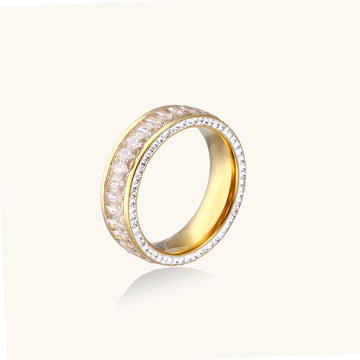 Close-up of a gold-plated eternity ring featuring two parallel rows of brilliant zirconia stones on white background.